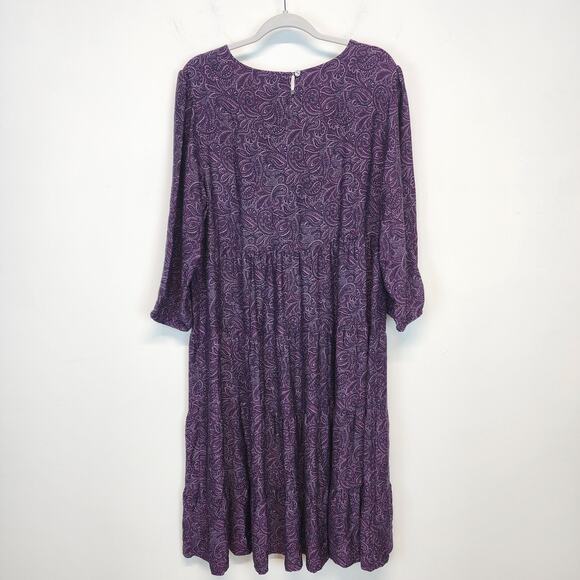 J. Jill Tiered Midi Dress Size L Purple Paisley 3/4 Sleeve Flowy Viscose Boho - Picture 3 of 13